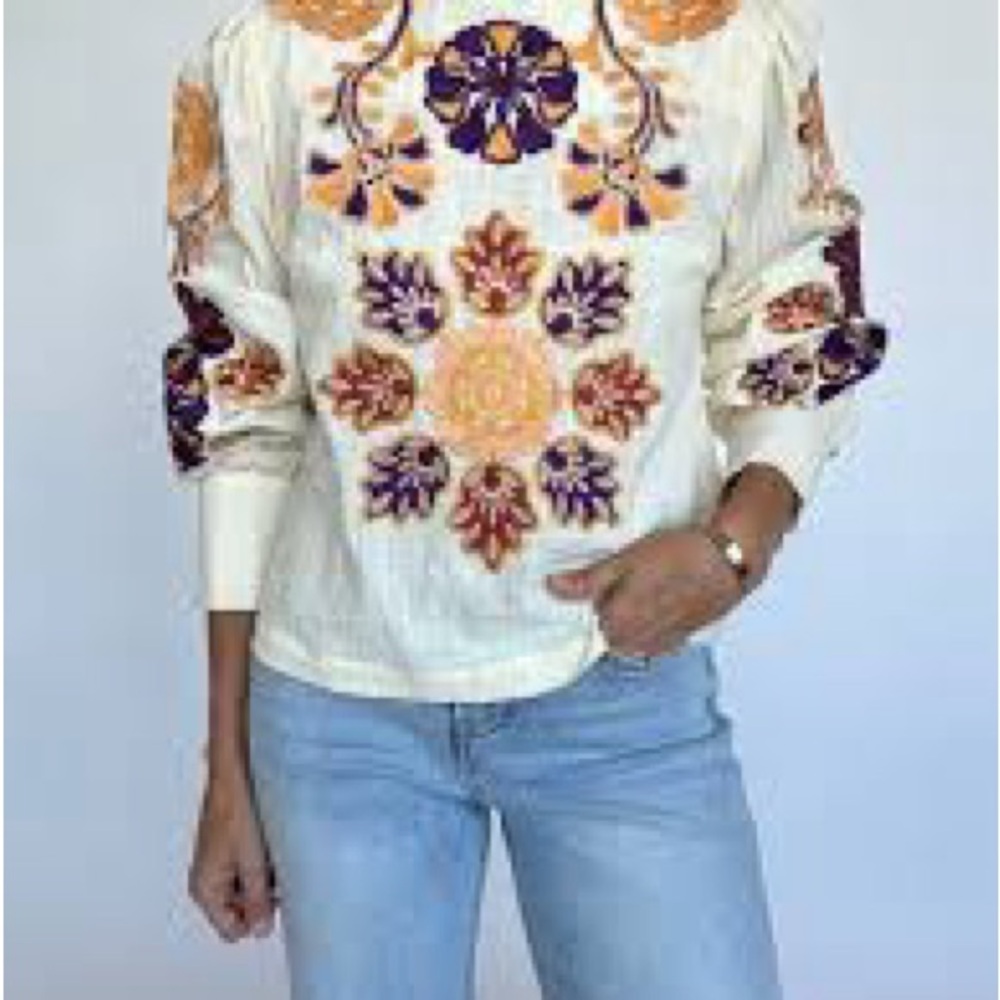 Pinch Embroidered Floral Blouse - Cream, Purple, and Orange / Tenley Winslet Top